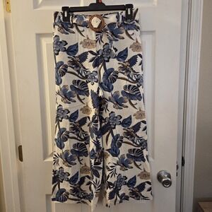 Sigrid Olsen sz 4 blue floral linen rayon wide leg pull on pants resort cottage